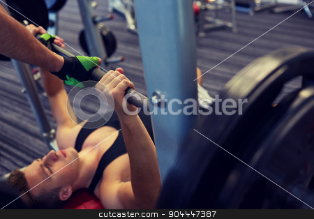 To use this stock image in your creative project, please select the size you need over to the right and click the "Add to Cart" button.
Your downloaded image will come with the Cutcaster watermark removed so don’t worry about the watermark you see on this page. two young men with barbell flexing muscles in gym stock photo, sport, fitness, teamwork, weightlifting and people concept - young man and personal trainer with barbell flexing muscles in gym by Syda Productions