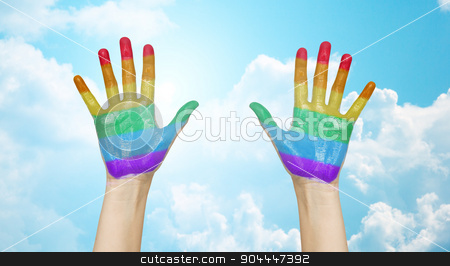To use this stock image in your creative project, please select the size you need over to the right and click the "Add to Cart" button.
Your downloaded image will come with the Cutcaster watermark removed so don’t worry about the watermark you see on this page. palms of human hands painted in rainbow colors stock photo, people, gay pride and homosexual concept - palms of human hands painted in rainbow colors over blue sky and clouds background by Syda Productions