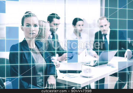 To use this stock image in your creative project, please select the size you need over to the right and click the "Add to Cart" button.
Your downloaded image will come with the Cutcaster watermark removed so don’t worry about the watermark you see on this page. businesswoman and business team at office the back stock photo, business, technology and office concept - businesswoman and business team at office k over blue squared grid background by Syda Productions