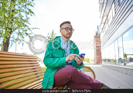 To use this stock image in your creative project, please select the size you need over to the right and click the "Add to Cart" button.
Your downloaded image will come with the Cutcaster watermark removed so don’t worry about the watermark you see on this page. happy young hipster man with smartphone and bike stock photo, people, style, technology and lifestyle - happy young hipster man with smartphone and fixie bike sitting on bench in city by Syda Productions
