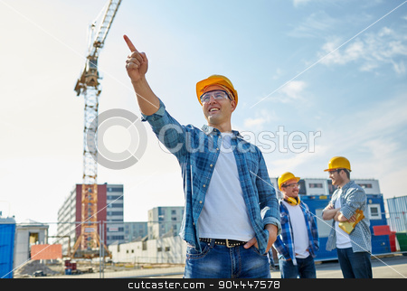 To use this stock image in your creative project, please select the size you need over to the right and click the "Add to Cart" button.
Your downloaded image will come with the Cutcaster watermark removed so don’t worry about the watermark you see on this page. builders pointing finger aside on construction stock photo, business, building, teamwork and people concept - group of smiling builders in hardhats pointing finger aside on construction site by Syda Productions