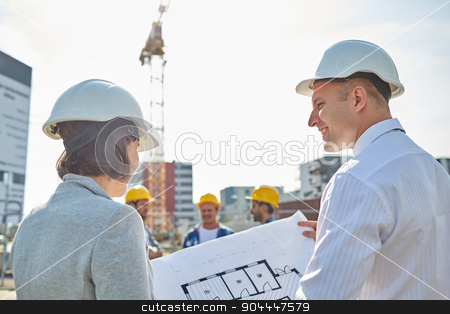 To use this stock image in your creative project, please select the size you need over to the right and click the "Add to Cart" button.
Your downloaded image will come with the Cutcaster watermark removed so don’t worry about the watermark you see on this page. happy architects with blueprint at building stock photo, construction, architecture, business, teamwork and people concept - happy architects with blueprint at building site by Syda Productions