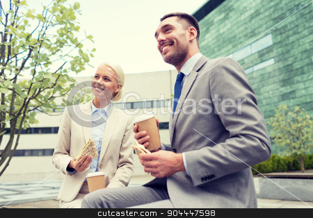 To use this stock image in your creative project, please select the size you need over to the right and click the "Add to Cart" button.
Your downloaded image will come with the Cutcaster watermark removed so don’t worry about the watermark you see on this page. smiling businessmen with paper cups outdoors stock photo, business, partnership, food, drinks and people concept - smiling businessmen with paper cups standing over office building by Syda Productions