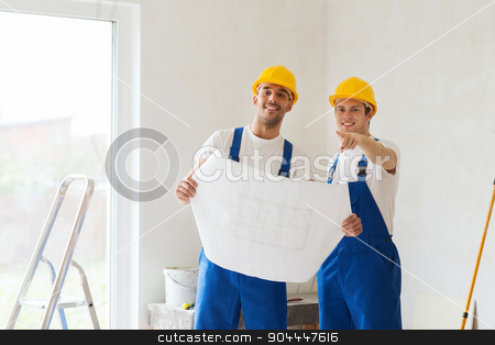 To use this stock image in your creative project, please select the size you need over to the right and click the "Add to Cart" button.
Your downloaded image will come with the Cutcaster watermark removed so don’t worry about the watermark you see on this page. group of builders with blueprint stock photo, building, teamwork and people concept - group of smiling builders in hardhats with blueprint indoors by Syda Productions