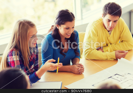 To use this stock image in your creative project, please select the size you need over to the right and click the "Add to Cart" button.
Your downloaded image will come with the Cutcaster watermark removed so don’t worry about the watermark you see on this page. group of smiling students with blueprint stock photo, education, school, architecture and people concept - group of smiling students with blueprint meeting indoors by Syda Productions