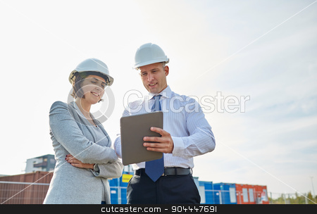 To use this stock image in your creative project, please select the size you need over to the right and click the "Add to Cart" button.
Your downloaded image will come with the Cutcaster watermark removed so don’t worry about the watermark you see on this page. happy builders in hardhats with tablet pc outdoors stock photo, business, building, teamwork, technology and people concept - smiling man and woman in hardhats with tablet pc computer at construction site by Syda Productions