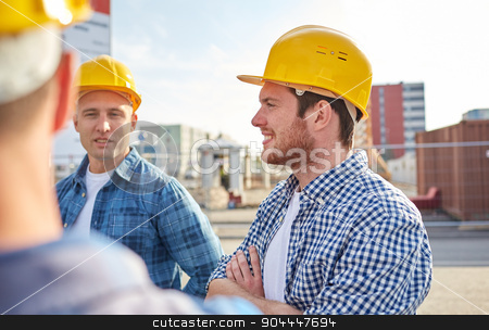 To use this stock image in your creative project, please select the size you need over to the right and click the "Add to Cart" button.
Your downloaded image will come with the Cutcaster watermark removed so don’t worry about the watermark you see on this page. group of smiling builders in hardhats outdoors stock photo, business, building, teamwork and people concept - group of smiling builders in hardhats at construction site by Syda Productions