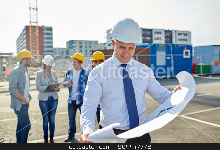 To use this stock image in your creative project, please select the size you need over to the right and click the "Add to Cart" button.
Your downloaded image will come with the Cutcaster watermark removed so don’t worry about the watermark you see on this page. architect with blueprint on construction site stock photo, construction, architecture, business, teamwork and people concept - male architect with blueprint over group of builders on construction site by Syda Productions