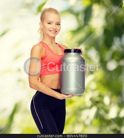 To use this stock image in your creative project, please select the size you need over to the right and click the "Add to Cart" button.
Your downloaded image will come with the Cutcaster watermark removed so don’t worry about the watermark you see on this page. smiling sporty woman with jar of protein stock photo, fitness and diet concept - smiling sporty woman with jar of protein by Syda Productions