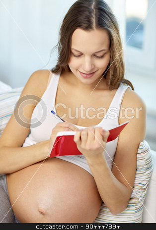 To use this stock image in your creative project, please select the size you need over to the right and click the "Add to Cart" button.
Your downloaded image will come with the Cutcaster watermark removed so don’t worry about the watermark you see on this page. happy pregnant woman writing to notebook at home stock photo, pregnancy, people and expectation concept - happy pregnant woman writing to notebook at home by Syda Productions