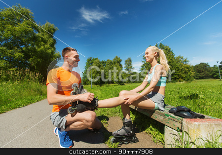 To use this stock image in your creative project, please select the size you need over to the right and click the "Add to Cart" button.
Your downloaded image will come with the Cutcaster watermark removed so don’t worry about the watermark you see on this page. happy couple with rollerblades outdoors stock photo, fitness, sport, summer, couple and healthy lifestyle concept - happy man helping woman to put on rollerblades outdoors by Syda Productions