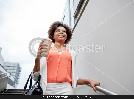 To use this stock image in your creative project, please select the size you need over to the right and click the "Add to Cart" button.
Your downloaded image will come with the Cutcaster watermark removed so don’t worry about the watermark you see on this page. happy african businesswoman with coffee in city stock photo, business and people concept - young smiling african american businesswoman with coffee cup going down stairs into city underpass by Syda Productions