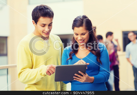 To use this stock image in your creative project, please select the size you need over to the right and click the "Add to Cart" button.
Your downloaded image will come with the Cutcaster watermark removed so don’t worry about the watermark you see on this page. group of smiling students tablet pc computer stock photo, friendship, people, technology and education concept - group of smiling students with tablet pc computer outdoors by Syda Productions