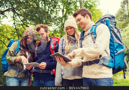 To use this stock image in your creative project, please select the size you need over to the right and click the "Add to Cart" button.
Your downloaded image will come with the Cutcaster watermark removed so don’t worry about the watermark you see on this page. group of friends with backpacks and tablet pc stock photo, adventure, travel, tourism, hike and people concept - group of smiling friends with backpacks and tablet pc computers outdoors by Syda Productions