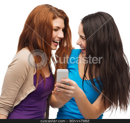 To use this stock image in your creative project, please select the size you need over to the right and click the "Add to Cart" button.
Your downloaded image will come with the Cutcaster watermark removed so don’t worry about the watermark you see on this page. two smiling teenagers with smartphone stock photo, technology, friendship and people concept - two smiling teenagers with smartphone by Syda Productions