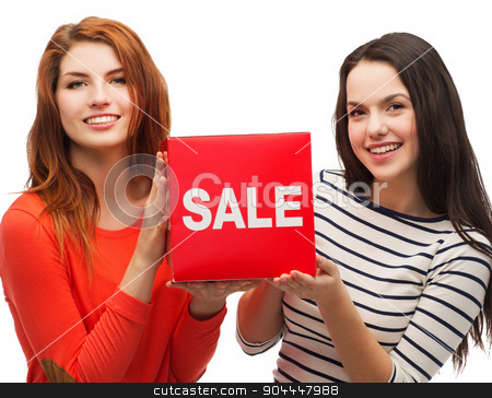 To use this stock image in your creative project, please select the size you need over to the right and click the "Add to Cart" button.
Your downloaded image will come with the Cutcaster watermark removed so don’t worry about the watermark you see on this page. two smiling teenage girl with percent sign on box stock photo, shopping, sale, and gift sconcept - two smiling teenage girls with sale sign on red box by Syda Productions