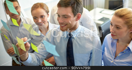 To use this stock image in your creative project, please select the size you need over to the right and click the "Add to Cart" button.
Your downloaded image will come with the Cutcaster watermark removed so don’t worry about the watermark you see on this page. smiling business people with marker and stickers stock photo, business, people, teamwork and planning concept - smiling business team with marker and stickers working in office by Syda Productions
