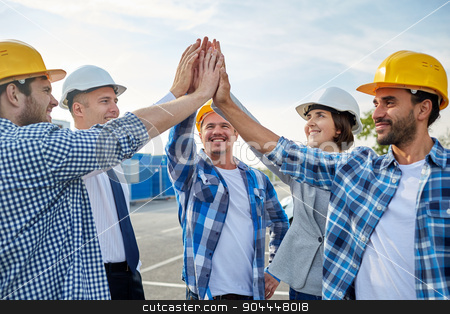 To use this stock image in your creative project, please select the size you need over to the right and click the "Add to Cart" button.
Your downloaded image will come with the Cutcaster watermark removed so don’t worry about the watermark you see on this page. close up of builders in hardhats making high five stock photo, business, building, partnership, gesture and people concept - close up of smiling builders and architects in hardhats making high five outdoors by Syda Productions