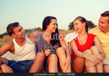 To use this stock image in your creative project, please select the size you need over to the right and click the "Add to Cart" button.
Your downloaded image will come with the Cutcaster watermark removed so don’t worry about the watermark you see on this page. smiling friends in sunglasses on summer beach stock photo, friendship, summer vacation, holidays, gesture and people concept - group of smiling friends sitting on beach by Syda Productions