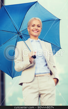 To use this stock image in your creative project, please select the size you need over to the right and click the "Add to Cart" button.
Your downloaded image will come with the Cutcaster watermark removed so don’t worry about the watermark you see on this page. young smiling businesswoman with umbrella outdoors stock photo, business, bad weather and people and concept - young smiling businesswoman with umbrella outdoors by Syda Productions