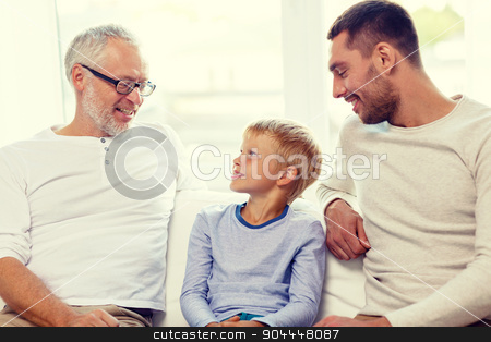 To use this stock image in your creative project, please select the size you need over to the right and click the "Add to Cart" button.
Your downloaded image will come with the Cutcaster watermark removed so don’t worry about the watermark you see on this page. smiling family sitting on couch home stock photo, family, happiness, generation and people concept - smiling father, son and grandfather sitting on couch at home by Syda Productions