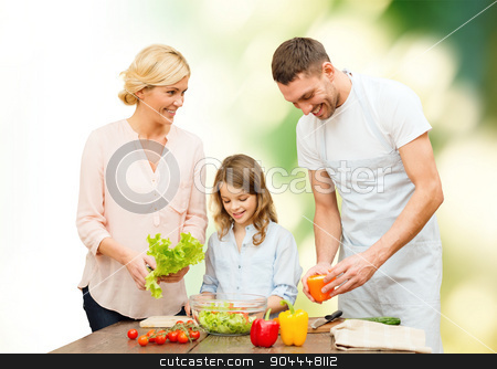 To use this stock image in your creative project, please select the size you need over to the right and click the "Add to Cart" button.
Your downloaded image will come with the Cutcaster watermark removed so don’t worry about the watermark you see on this page. happy family cooking vegetable salad for dinner stock photo, vegetarian food, culinary, happiness and people concept - happy family cooking vegetable salad for dinner green natural background by Syda Productions