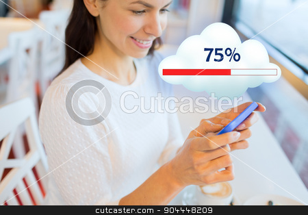 To use this stock image in your creative project, please select the size you need over to the right and click the "Add to Cart" button.
Your downloaded image will come with the Cutcaster watermark removed so don’t worry about the watermark you see on this page. close up of woman with smartphone cloud computing stock photo, people, technology and cloud computing concept - close up of happy woman with smartphone sharing or uploading files at office or home by Syda Productions