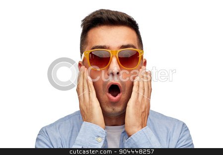 To use this stock image in your creative project, please select the size you need over to the right and click the "Add to Cart" button.
Your downloaded image will come with the Cutcaster watermark removed so don’t worry about the watermark you see on this page. face of scared man in shirt and sunglasses stock photo, summer, emotions, style and people concept - face of scared or surprised middle aged latin man in shirt and sunglasses by Syda Productions
