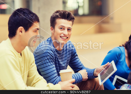 To use this stock image in your creative project, please select the size you need over to the right and click the "Add to Cart" button.
Your downloaded image will come with the Cutcaster watermark removed so don’t worry about the watermark you see on this page. group of students with tablet pc and coffee cup stock photo, education, friendship, technology, drinks and people concept - group of smiling students with tablet pc computers and paper coffee cup by Syda Productions