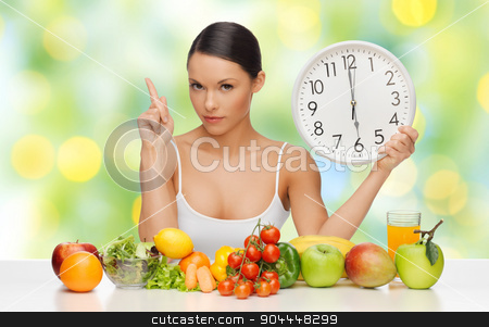 To use this stock image in your creative project, please select the size you need over to the right and click the "Add to Cart" button.
Your downloaded image will come with the Cutcaster watermark removed so don’t worry about the watermark you see on this page. woman with healthy food and clock warning stock photo, people, eating and diet concept - woman with healthy food holding big clock, pointing finger up and warning over green lights background by Syda Productions