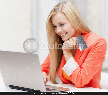 To use this stock image in your creative project, please select the size you need over to the right and click the "Add to Cart" button.
Your downloaded image will come with the Cutcaster watermark removed so don’t worry about the watermark you see on this page. businesswoman with laptop and credit card stock photo, smiling businesswoman with laptop and credit card by Syda Productions