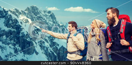 To use this stock image in your creative project, please select the size you need over to the right and click the "Add to Cart" button.
Your downloaded image will come with the Cutcaster watermark removed so don’t worry about the watermark you see on this page. group of smiling friends with backpacks hiking stock photo, adventure, travel, tourism, hike and people concept - group of smiling friends with backpacks pointing finger over alpine mountains background by Syda Productions