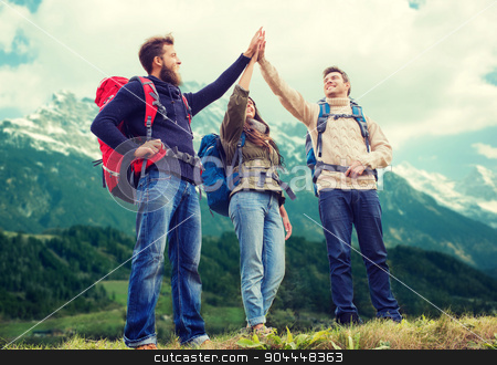 To use this stock image in your creative project, please select the size you need over to the right and click the "Add to Cart" button.
Your downloaded image will come with the Cutcaster watermark removed so don’t worry about the watermark you see on this page. group of smiling friends with backpacks hiking stock photo, travel, tourism, hike, gesture and people concept - group of smiling friends with backpacks making high five over alpine mountains background by Syda Productions