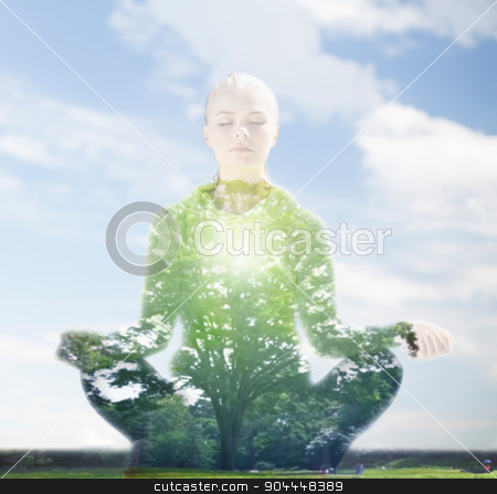 To use this stock image in your creative project, please select the size you need over to the right and click the "Add to Cart" button.
Your downloaded image will come with the Cutcaster watermark removed so don’t worry about the watermark you see on this page. happy young woman doing yoga outdoors stock photo, sport, fitness, yoga, double exposure and people concept - happy young woman meditating in lotus pose over blue sky and green tree background by Syda Productions