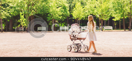 To use this stock image in your creative project, please select the size you need over to the right and click the "Add to Cart" button.
Your downloaded image will come with the Cutcaster watermark removed so don’t worry about the watermark you see on this page. happy mother with stroller in park stock photo, family, child and parenthood concept - happy mother walking with baby stroller in park from back by Syda Productions
