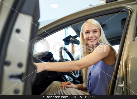 To use this stock image in your creative project, please select the size you need over to the right and click the "Add to Cart" button.
Your downloaded image will come with the Cutcaster watermark removed so don’t worry about the watermark you see on this page. happy woman inside car in auto show or salon stock photo, auto business, car sale, consumerism , transportation and people concept - happy woman sitting in or driving car by Syda Productions