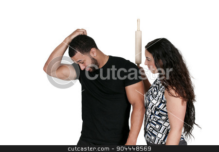 To use this stock image in your creative project, please select the size you need over to the right and click the "Add to Cart" button.
Your downloaded image will come with the Cutcaster watermark removed so don’t worry about the watermark you see on this page. Woman Chasing man with Rolling Pin stock photo, Beautiful young woman holding a rolling pin with a man by Robert Byron