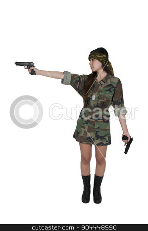 To use this stock image in your creative project, please select the size you need over to the right and click the "Add to Cart" button.
Your downloaded image will come with the Cutcaster watermark removed so don’t worry about the watermark you see on this page. Asian Woman Soldier stock photo, Beautiful young Asian woman soldier with a gun by Robert Byron