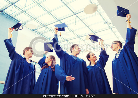To use this stock image in your creative project, please select the size you need over to the right and click the "Add to Cart" button.
Your downloaded image will come with the Cutcaster watermark removed so don’t worry about the watermark you see on this page. group of smiling students in mortarboards stock photo, education, graduation and people concept - group of smiling students in gowns waving mortarboards outdoors by Syda Productions