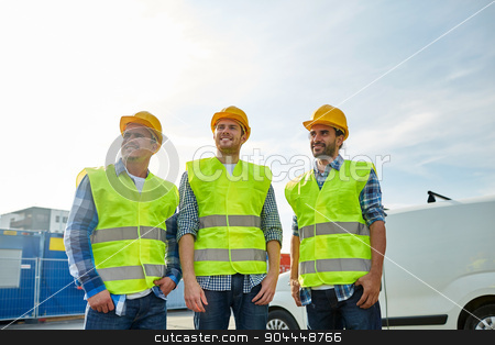To use this stock image in your creative project, please select the size you need over to the right and click the "Add to Cart" button.
Your downloaded image will come with the Cutcaster watermark removed so don’t worry about the watermark you see on this page. happy male builders in high visible vests outdoors stock photo, industry, building, construction and people concept - happy male builders in high visible vests outdoors by Syda Productions