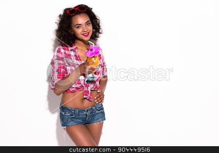 To use this stock image in your creative project, please select the size you need over to the right and click the "Add to Cart" button.
Your downloaded image will come with the Cutcaster watermark removed so don’t worry about the watermark you see on this page. Creative concept of beautiful sexy girl stock photo, Colorful picture of beautiful slim young woman with curly hair on white background. Girl with red sunglasses smiling and holding cocktail by Dmytro Sidelnikov