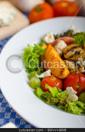 To use this stock image in your creative project, please select the size you need over to the right and click the "Add to Cart" button.
Your downloaded image will come with the Cutcaster watermark removed so don’t worry about the watermark you see on this page. Grilled fruit with blue cheese and salad stock photo, Grilled fruit with blue cheese and salad, homemade ketchup with garlic by Peteer