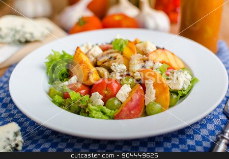 To use this stock image in your creative project, please select the size you need over to the right and click the "Add to Cart" button.
Your downloaded image will come with the Cutcaster watermark removed so don’t worry about the watermark you see on this page. Grilled fruit with blue cheese and salad stock photo, Grilled fruit with blue cheese and salad, homemade ketchup with garlic by Peteer