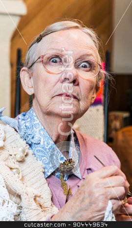 To use this stock image in your creative project, please select the size you need over to the right and click the "Add to Cart" button.
Your downloaded image will come with the Cutcaster watermark removed so don’t worry about the watermark you see on this page. Startled Old Woman with Crochet stock photo, Startled old woman with crochet in livingroom by Scott Griessel