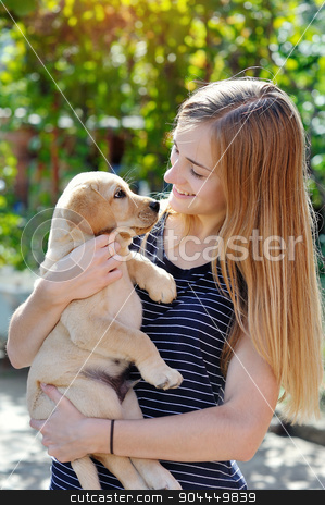 To use this stock image in your creative project, please select the size you need over to the right and click the "Add to Cart" button.
Your downloaded image will come with the Cutcaster watermark removed so don’t worry about the watermark you see on this page. beautiful young woman holds a puppy Labrador stock photo, beautiful young woman holds a puppy Labrador. by timonko