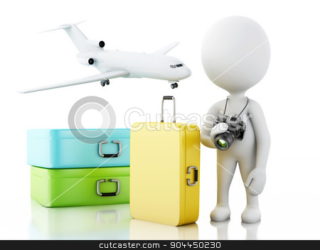 To use this stock image in your creative project, please select the size you need over to the right and click the "Add to Cart" button.
Your downloaded image will come with the Cutcaster watermark removed so don’t worry about the watermark you see on this page. 3d White people tourist with travel suitcases. stock photo, 3d renderer image. White people tourist with travel suitcases and camera. Travel concept. Isolated white background. by nicolas menijes