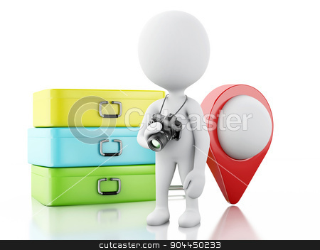 To use this stock image in your creative project, please select the size you need over to the right and click the "Add to Cart" button.
Your downloaded image will come with the Cutcaster watermark removed so don’t worry about the watermark you see on this page. 3d White people tourist with travel suitcases and camera. stock photo, 3d renderer image. White people tourist with travel suitcases and camera. Travel concept. Isolated white background. by nicolas menijes