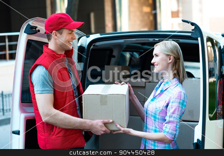 To use this stock image in your creative project, please select the size you need over to the right and click the "Add to Cart" button.
Your downloaded image will come with the Cutcaster watermark removed so don’t worry about the watermark you see on this page. First class delivery service. Courier Delivering Package By Van. stock photo, Colorful picture of courier delivers package for woman. They are looking at each other and smiling. by Dmytro Sidelnikov