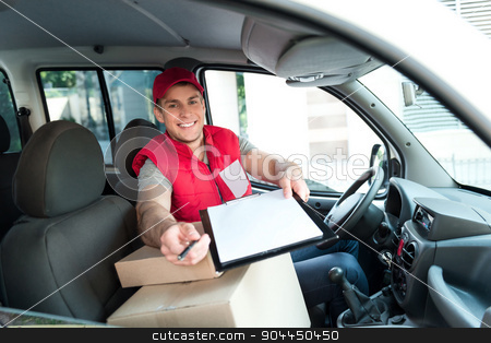 To use this stock image in your creative project, please select the size you need over to the right and click the "Add to Cart" button.
Your downloaded image will come with the Cutcaster watermark removed so don’t worry about the watermark you see on this page. Sign here please! Smiling young delivery man holding a cardboard box while beautiful young woman putting signature in clipboard stock photo, Colorful picture of courier delivers package. Man is sitting in the car, looking at camera and smiling. by Dmytro Sidelnikov