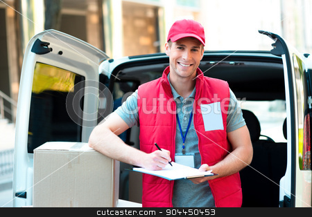 To use this stock image in your creative project, please select the size you need over to the right and click the "Add to Cart" button.
Your downloaded image will come with the Cutcaster watermark removed so don’t worry about the watermark you see on this page. Courier Delivering Package By Van stock photo, Colorful picture of courier delivers package. Courier holding the box and smiling. by Dmytro Sidelnikov